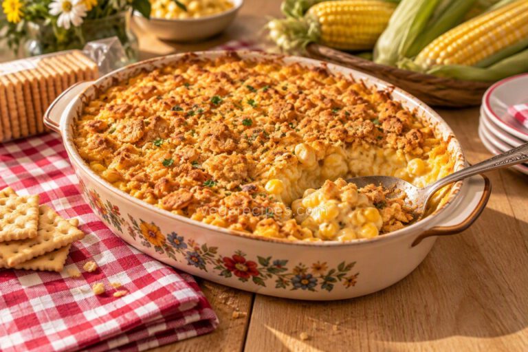 Vintage floral oval casserole dish of baked scalloped corn with a golden buttery cracker-crumb top, a spoonful scooped out to show the creamy corn custard inside, with saltine crackers, fresh ears of corn and a red gingham tablecloth