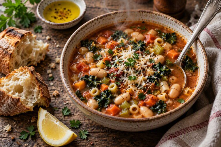 Bowl of one-pot pasta e fagioli with white beans, ditalini pasta and kale in tomato broth, with crusty bread
