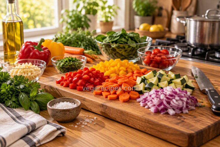 Wooden cutting board with neat piles of chopped red and yellow bell pepper, carrots, zucchini and red onion, surrounded by glass prep bowls, fresh herbs, salt and olive oil