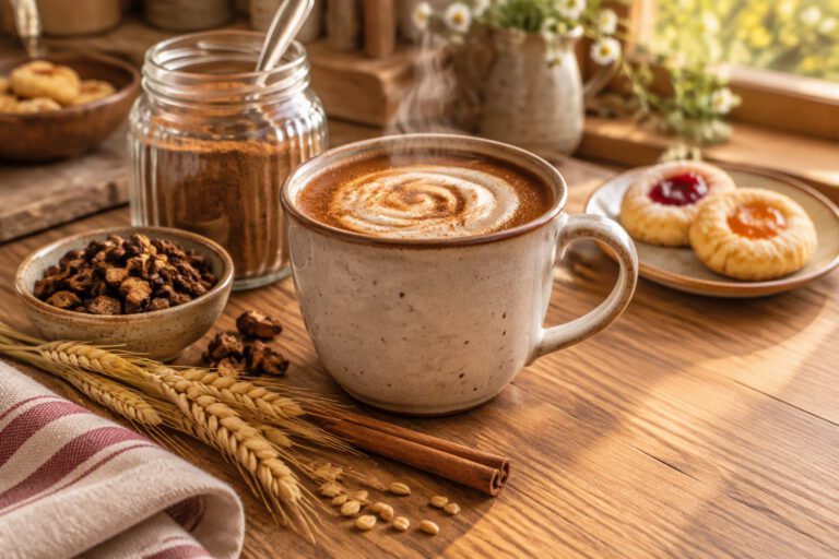 Steaming mug of creamy roasted grain coffee substitute with a cinnamon-dusted milk swirl, beside a glass jar of grain beverage powder, a bowl of roasted chicory root, stalks of wheat, cinnamon sticks and a plate of jam thumbprint cookies