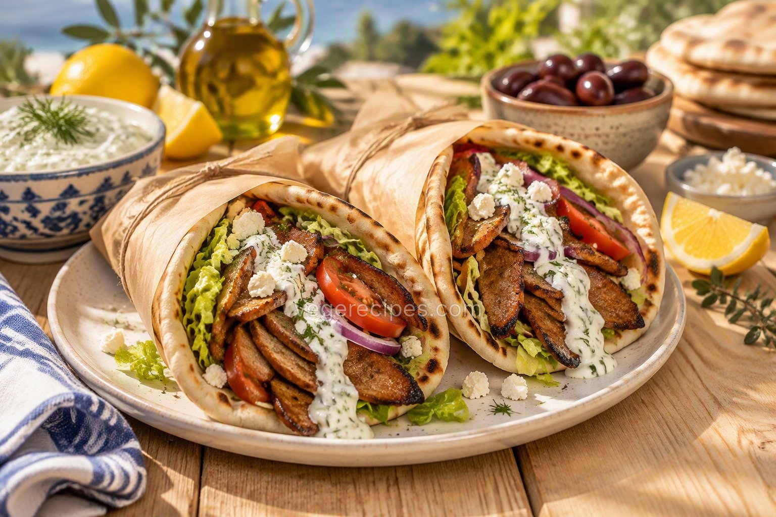 Two pita gyros wrapped in parchment and filled with crispy seared seitan slices, romaine, tomato, red onion, tzatziki and crumbled feta, with a bowl of tzatziki topped with dill, olive oil, lemon wedges and Kalamata olives on a sunny table