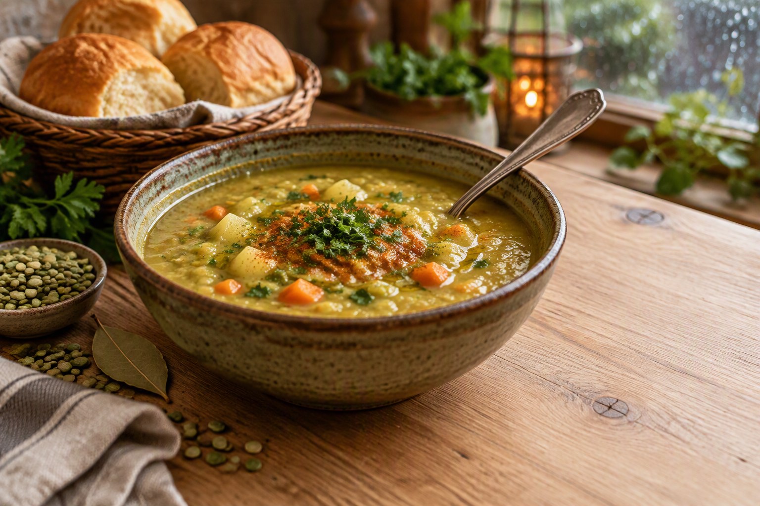 Rustic bowl of thick green split pea soup with diced carrots and potatoes, topped with smoked paprika, olive oil and chopped parsley, a spoon resting inside, with a basket of dinner rolls, dried split peas and a bay leaf nearby