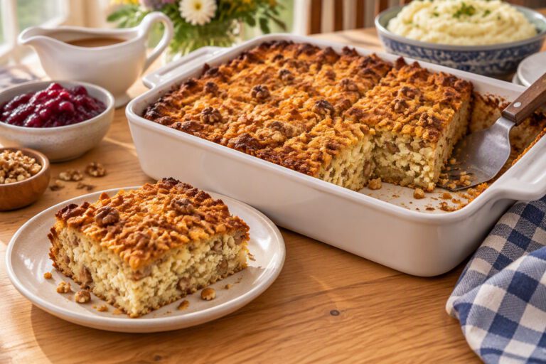White baking dish of golden-brown Special K cottage cheese loaf with a crisp cereal top, cut into squares, with one square on a plate showing the tender walnut-flecked inside, beside gravy, cranberry sauce and mashed potatoes