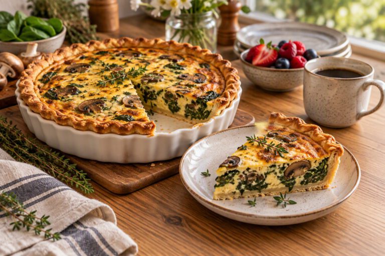 Golden spinach and mushroom quiche in a fluted white dish with one slice served on a plate in front, showing a flaky crust and creamy custard filled with spinach and sliced mushrooms, garnished with thyme, with a cup of coffee and a bowl of berries nearby
