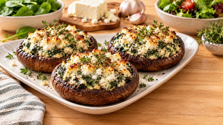 Three roasted portobello mushroom caps on a white platter filled with a creamy spinach, ricotta and feta stuffing browned on top and garnished with fresh thyme and black pepper, with a bowl of baby spinach, a block of feta, garlic and a green salad behind them