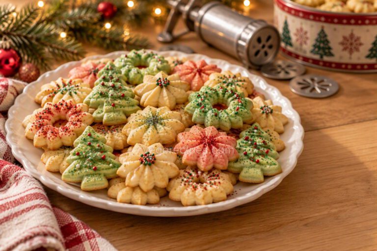 White scalloped platter of spritz butter cookies shaped like Christmas trees, wreaths and flowers, some tinted green and pink, decorated with red and green sprinkles, with a cookie press, holiday cookie tin, evergreen sprigs and string lights behind it