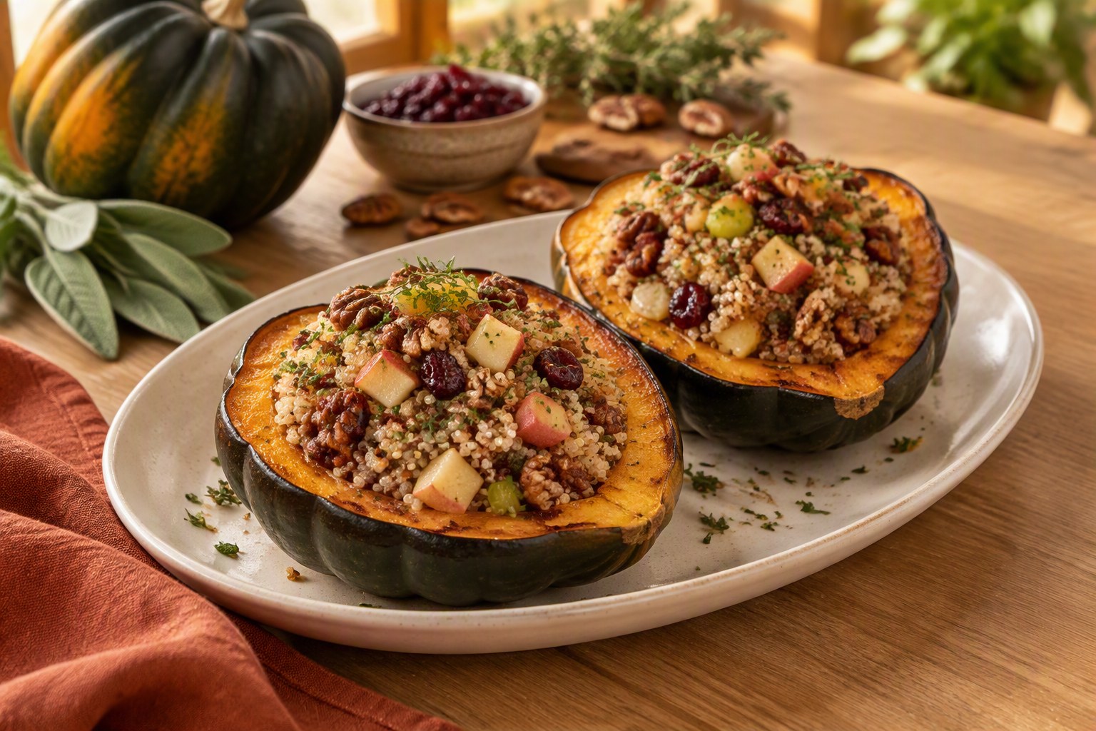 Two roasted acorn squash halves on a white platter, filled with quinoa, diced apple, dried cranberries, pecans and fresh herbs, with a whole acorn squash and a bowl of cranberries behind them