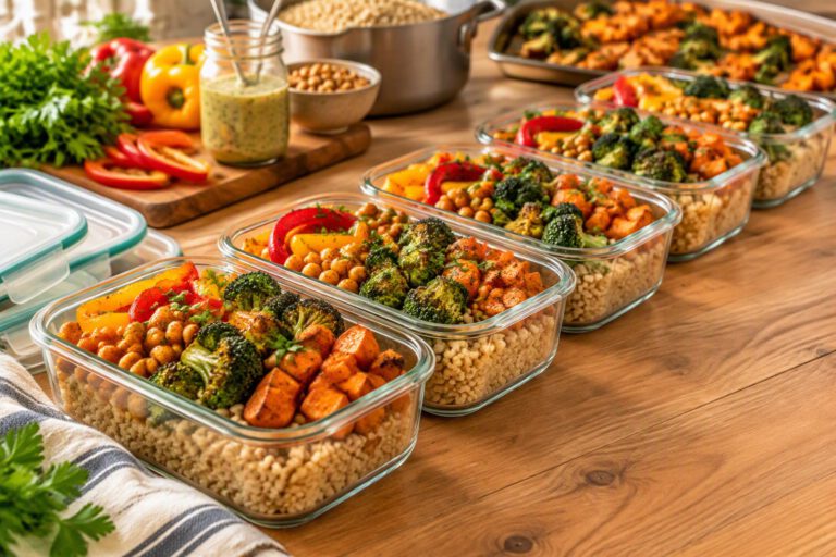 Row of glass meal-prep containers filled with grains, roasted sweet potato cubes, roasted broccoli, seasoned chickpeas and bell peppers, with lids, a sheet pan of roasted vegetables, a pot of grains, a jar of dressing and fresh herbs behind them