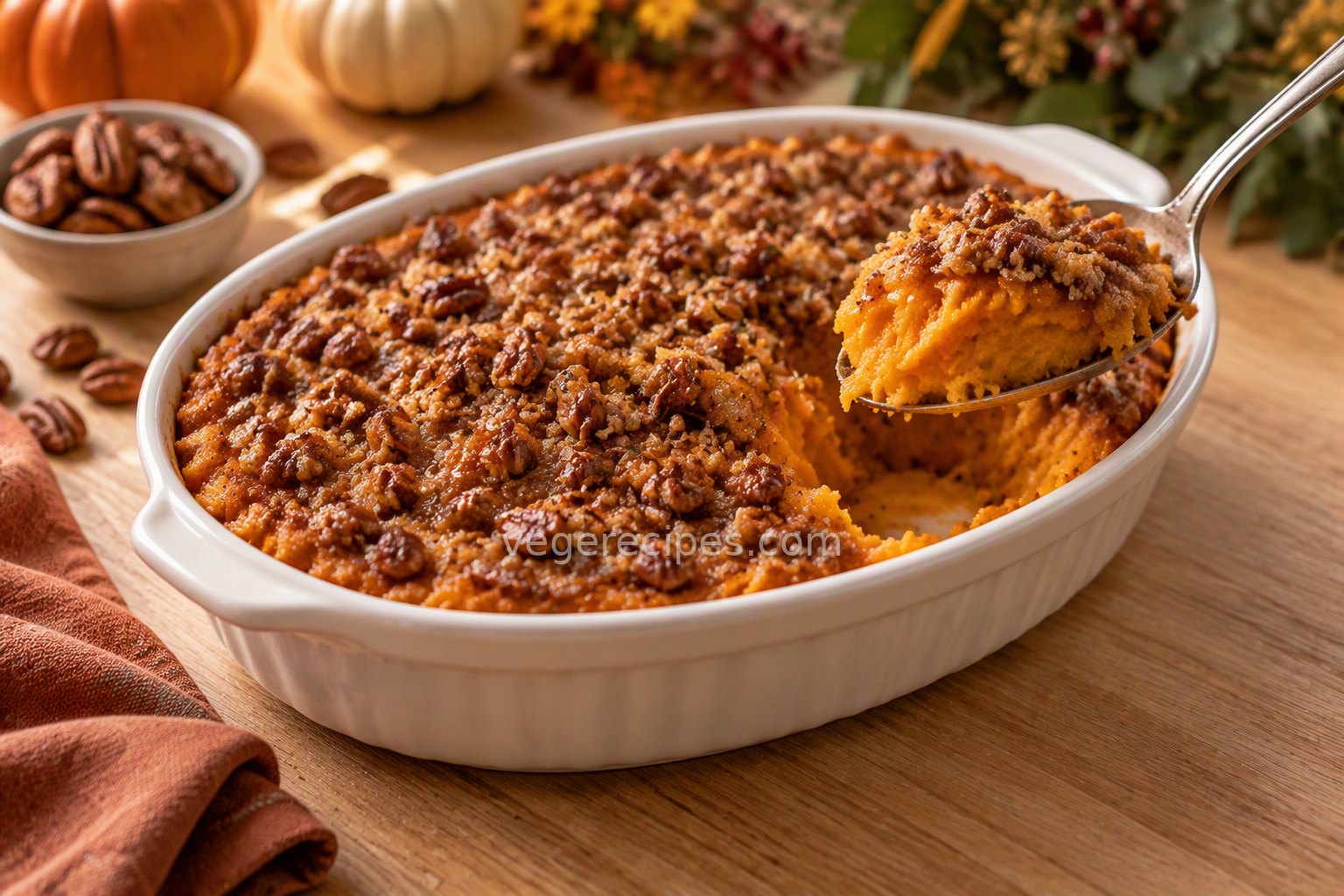 White oval baking dish of sweet potato casserole with a golden pecan streusel topping, a spoonful lifted out to show the smooth orange filling