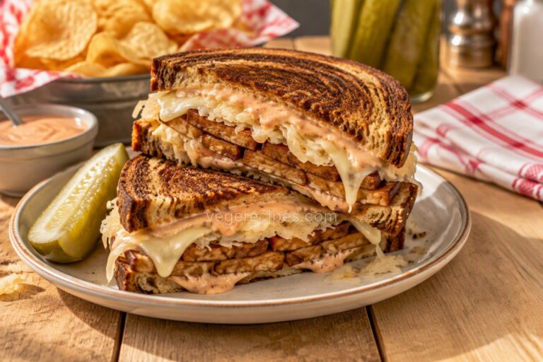 Grilled tempeh Reuben sandwich on toasted marbled rye, cut in half and stacked to show seared tempeh, sauerkraut, melted Swiss cheese and Russian dressing, with a dill pickle spear, a dish of dressing, a basket of kettle chips and a red-checked napkin