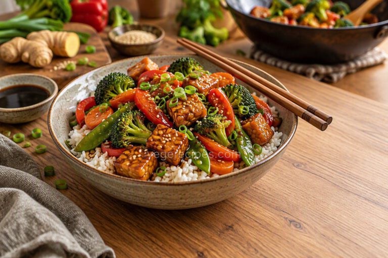 Bowl of tempeh teriyaki stir-fry over white rice with glazed tempeh cubes, broccoli, red bell pepper, carrots and snap peas, topped with sesame seeds and green onions, chopsticks on the rim, with soy sauce, fresh ginger and a wok behind it