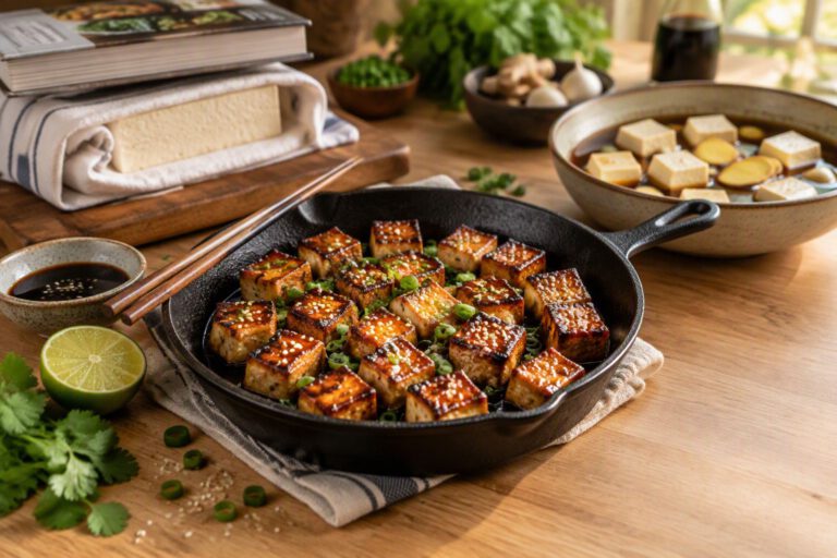 Crispy pan-seared tofu cubes with soy-ginger glaze, green onions and sesame seeds in a cast-iron skillet, with a block of tofu being pressed and cubes marinating nearby