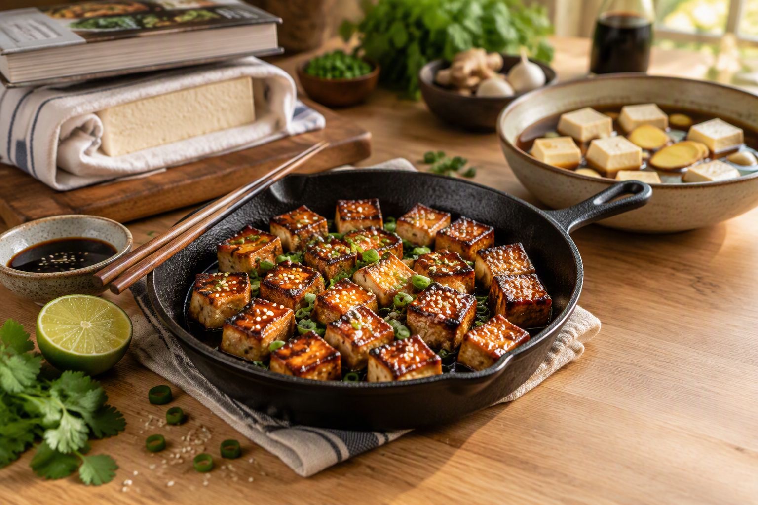 Crispy pan-seared tofu cubes with soy-ginger glaze, green onions and sesame seeds in a cast-iron skillet, with a block of tofu being pressed and cubes marinating nearby