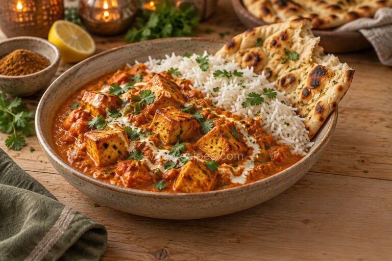 Bowl of tofu tikka masala with golden baked tofu cubes in a creamy orange tomato sauce, drizzled with cream and topped with cilantro, served with basmati rice and charred naan, with a bowl of garam masala and a halved lemon nearby