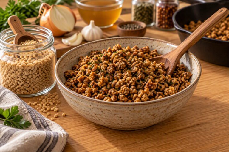 Speckled ceramic bowl of seasoned, browned TVP crumbles with herbs and a wooden spoon, beside a glass jar of dry TVP granules with a scoop, with onion, garlic, vegetable broth, spice jars and a skillet behind it