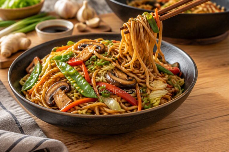 Dark bowl of vegetable lo mein with glossy noodles, browned mushrooms, snow peas, red bell pepper, carrots, cabbage and green onions, chopsticks lifting noodles, with a wok, soy sauce, fresh ginger and garlic behind it