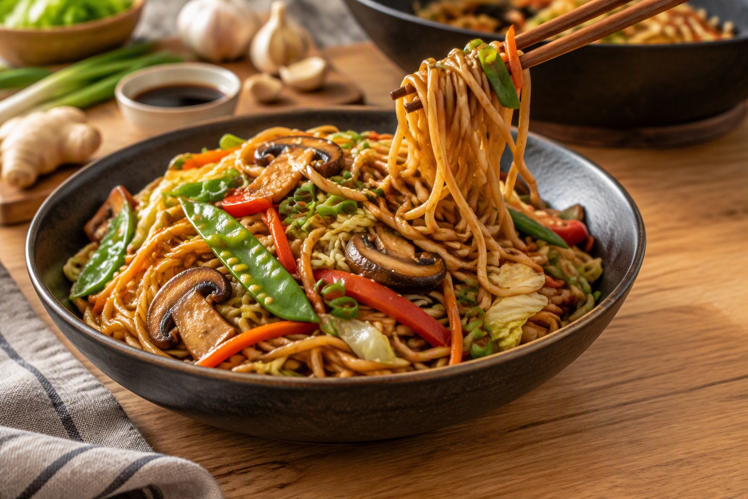 Dark bowl of vegetable lo mein with glossy noodles, browned mushrooms, snow peas, red bell pepper, carrots, cabbage and green onions, chopsticks lifting noodles, with a wok, soy sauce, fresh ginger and garlic behind it