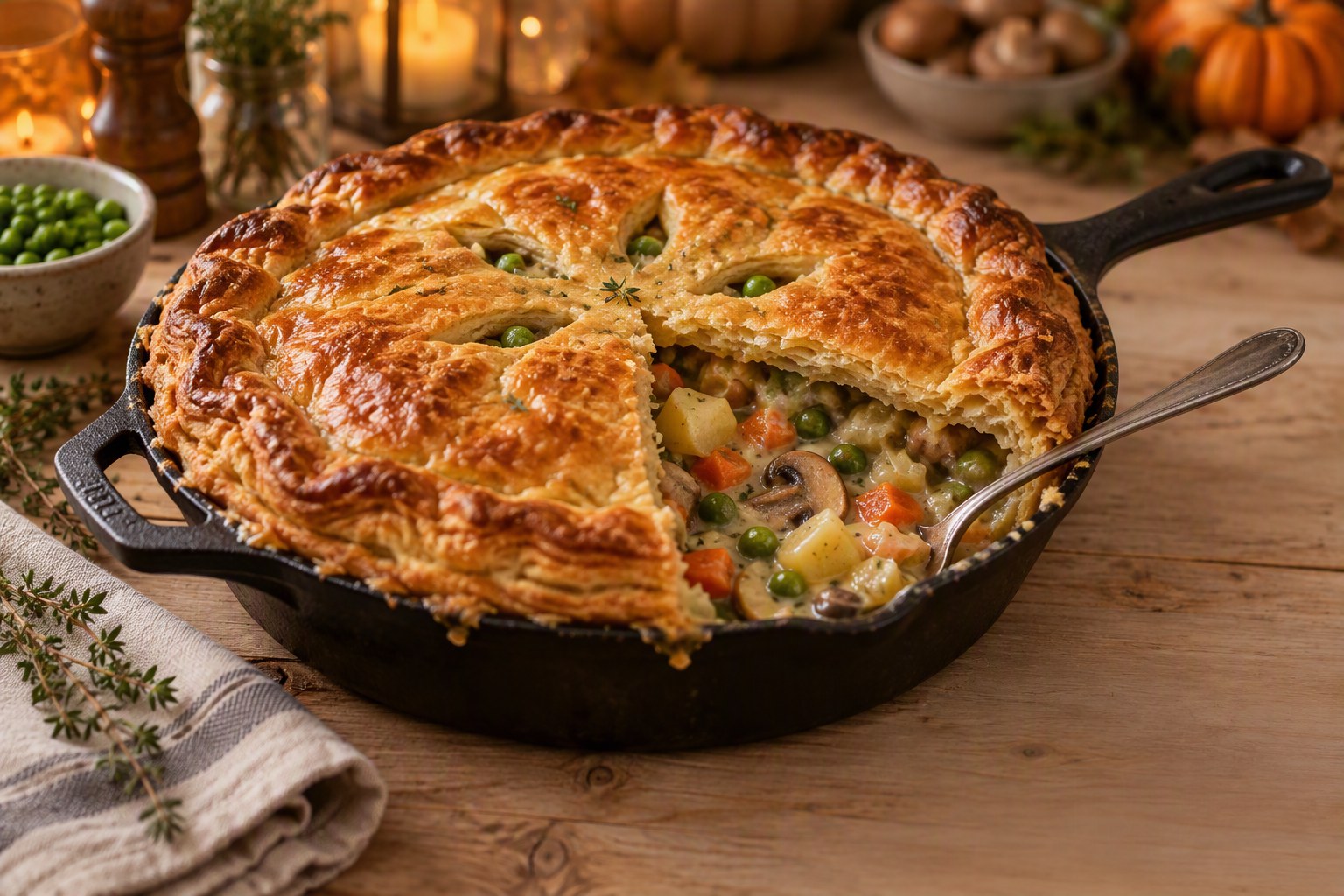 Cast-iron skillet of vegetable pot pie with a flaky golden puff pastry crust, a wedge scooped out to show creamy filling with potatoes, carrots, mushrooms and peas, a spoon resting inside, with a bowl of peas and fresh thyme beside it