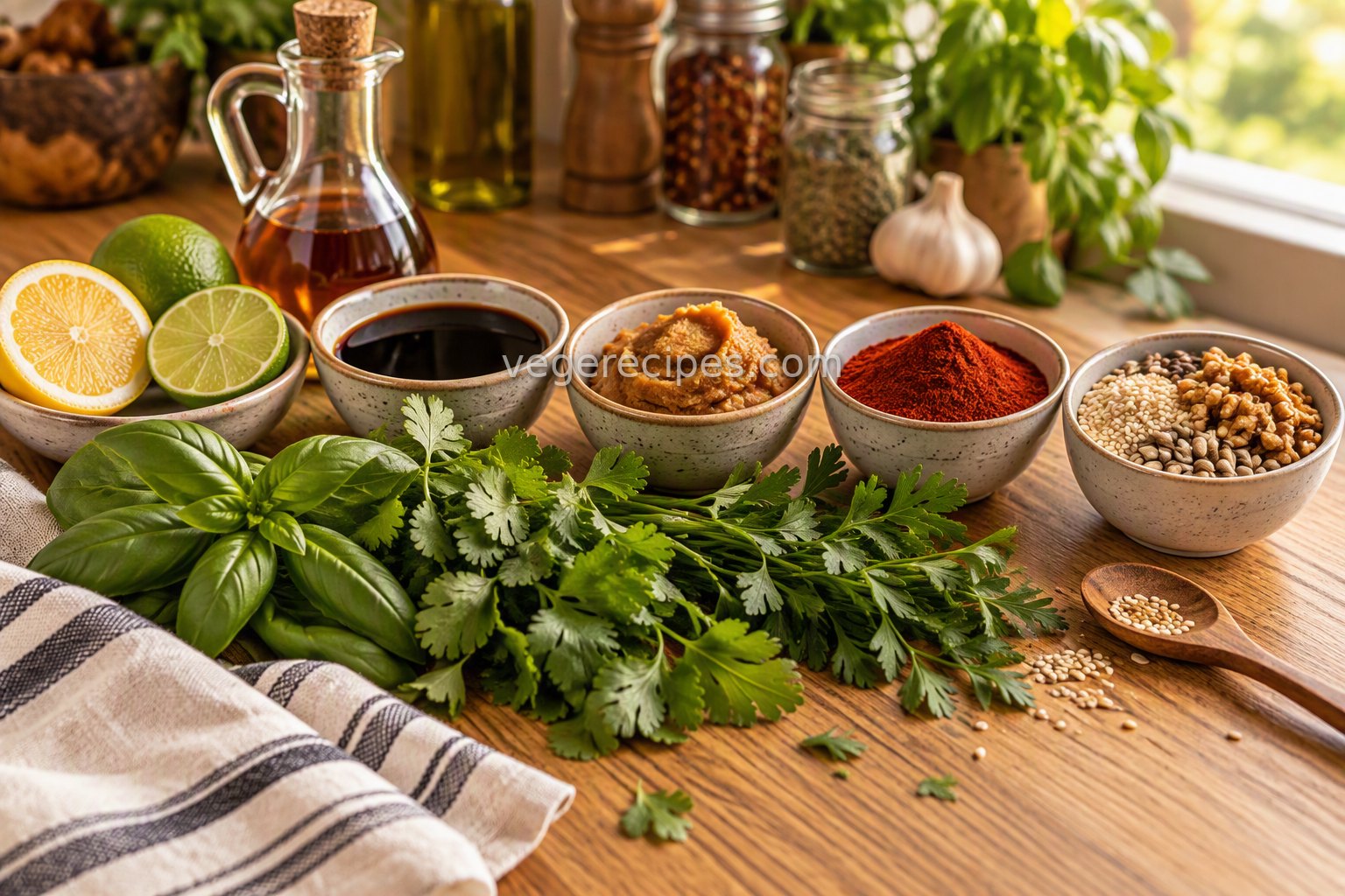 Five small bowls of vegetarian flavor boosters: lemon and lime with vinegar, soy sauce, miso paste, smoked paprika, and toasted seeds and nuts, with fresh basil, cilantro and parsley