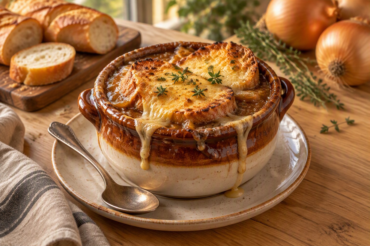 Brown glazed crock of French onion soup topped with toasted baguette and melted, browned cheese dripping over the rim, with sliced baguette, whole onions and fresh thyme behind it