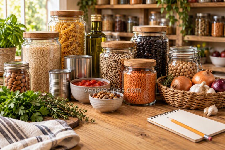 Vegetarian pantry staples in glass jars, including rice, pasta, quinoa, black beans, red lentils and chickpeas, with olive oil, canned tomatoes, nuts, onions, garlic and a notepad