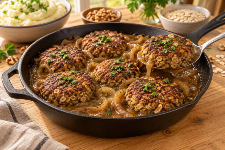 Cast-iron skillet of browned walnut oat patties simmered in golden onion gravy with soft sliced onions and chopped parsley, a spoon lifting one patty, with mashed potatoes, walnuts and rolled oats behind it
