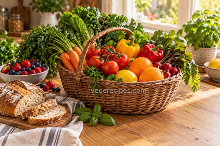 Wicker basket overflowing with fresh tomatoes, bell peppers, carrots, leafy greens, radishes, oranges and lemons, beside a bowl of berries and a loaf of crusty bread
